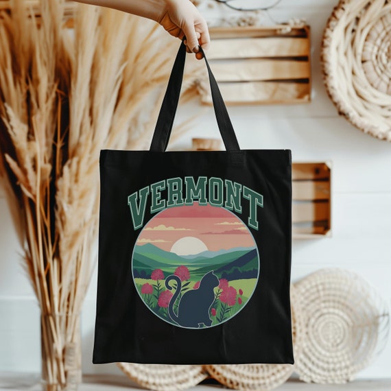 Vermont Cat Mom Cotton Canvas Tote Bag - Colorful Circular Design with Red Clover Flowers and Cat Silhouette, Eco-Friendly Shopping Bag