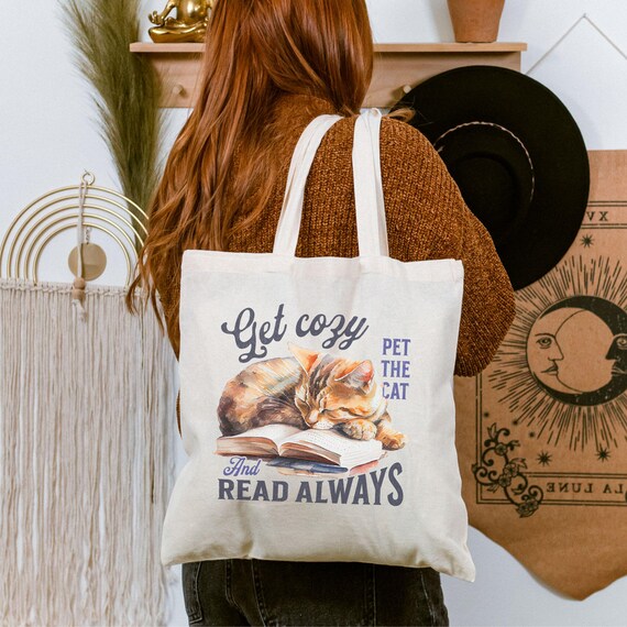 Vintage Watercolor Cat, Book Lovers Tote Bag, Cozy Read, Pet the Cat, Orange Tabby, Whimsical Bookworm Gift, Library Tote, Teacher Gift
