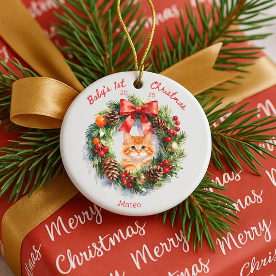 Babys First Christmas Personalized Ornament, Orange Kitten in Wreath