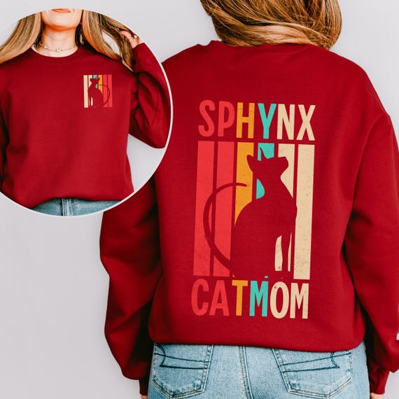 Sphynx Cat Mom Sweatshirt, Back and Pocket Design Crewneck, Distressed Retro Graphic Gift for Her, Comfy Long Sleeve Pullover Shirt