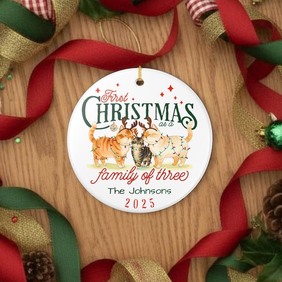 Personalized Cat Family First Christmas Ornament: Family of Three Keepsake
