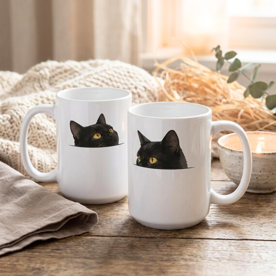 Peeking Black Cat Coffee Mug, Cat Lover Gift