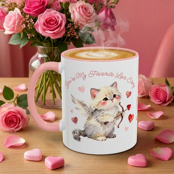 Cupid Cat Coffee Mug, Valentine's Day Gift, Romantic Pink Accent