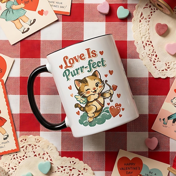Retro Cupid Cat Coffee Mug, Purr-fect Valentine Gift