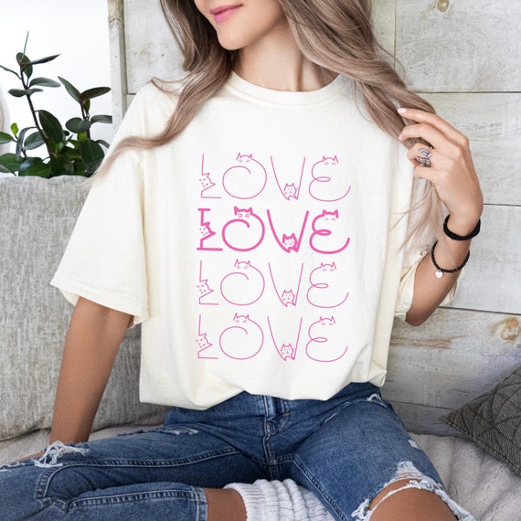 Whimsical Cat Love Tee, Comfort Colors® T-shirt for Cat Lovers, Valentine's Day Gift, Repeat Design Shirt, Unisex Garment-Dyed, Cat Text Tee