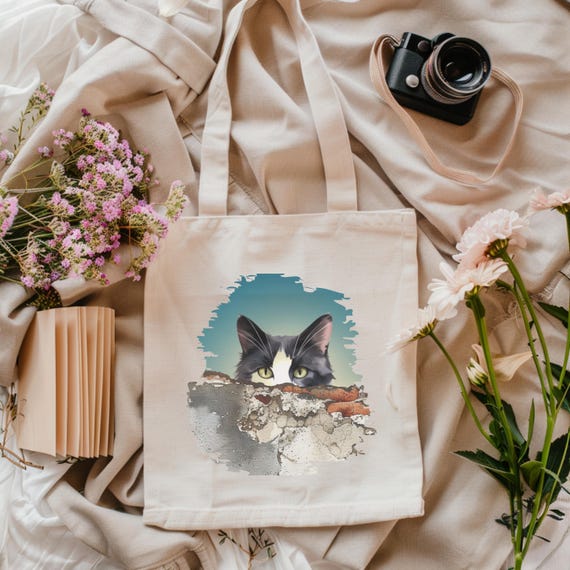 Cat Lover Tote Bag, Adorable Tuxedo Cat Peeking Over Wall Design, Cat Mom Gift, Grocery Shopping Bag, Beach Tote, Tuxie Kitty Book Bag