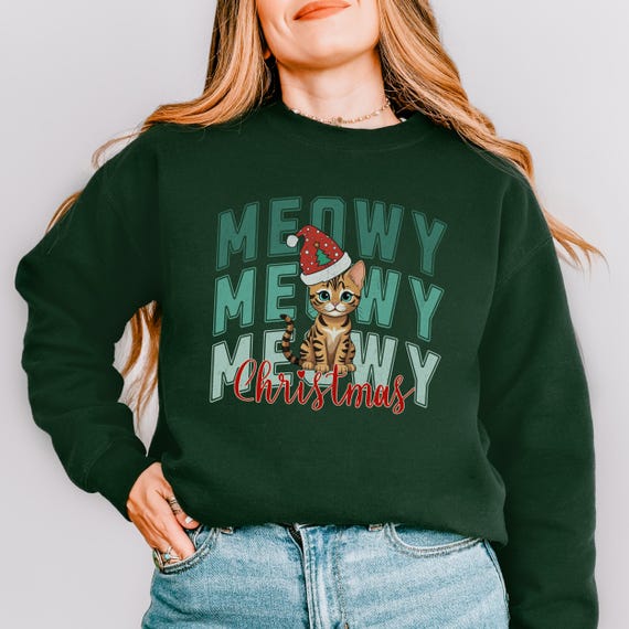 Cute Bengal Kitten Santa Hat Crewneck Sweatshirt, Meowy Christmas, Holiday Gift Pullover, Festive Winter Sweater, Cat Lover Gift