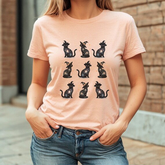 Cute Halloween Graphic-T, Mystical Cats with Witch Hats, Trendy Fall Tshirts make great cat owner gifts for holiday apparel