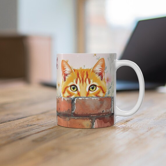 Custom Orange Cat Mug, Peeking Ginger Cat Coffee Cup, Wildflowers Tea Mug, Orange Marmalade Kitty Lovers Gift, Personalized Ceramic Mug