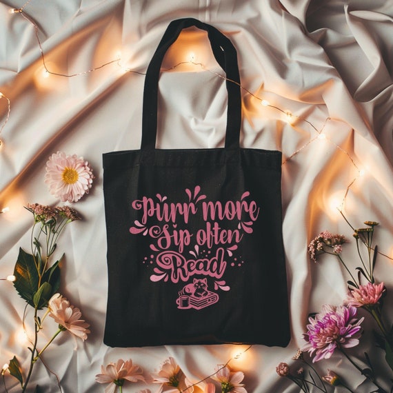 Cat Lover Cotton Canvas Tote Bag, Coffee and Book Lovers Gift, Whimsical Kitty Graphic, Simple Design