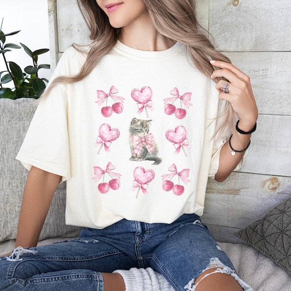 Coquette Kitten Grid Design T-shirt, Pink Bows and Cherries Tee, Comfort Colors® Gift for Cat Lover, Tabby Cat Mom Shirt, Cute Trendy Tshirt