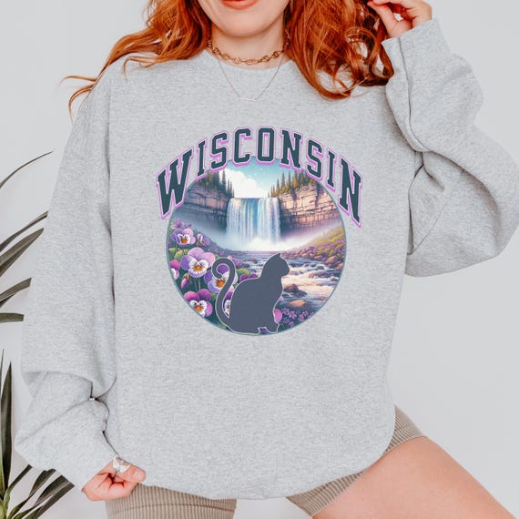 Wisconsin Cat Lover Sweatshirt, States crewneck, moving away present for-her, cat mama gift, collegiate style sweater-shirt