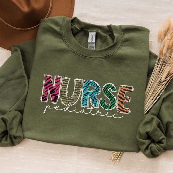 Pediatric Nurse Sweatshirt: Doodle Font Tiger Stripes Crewneck