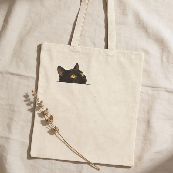 Peeking Black Cat Canvas Tote Bag, Cat Lover Gift