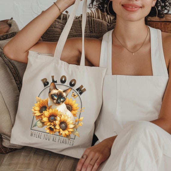 Cat Mom Tote Bag, Trendy Cottagecore Tote, Sunflower Cat Bag, Floral Canvas Tote, Siamese Cat Mama Gift, Cute Kitty Tote, Canvas Book Bag