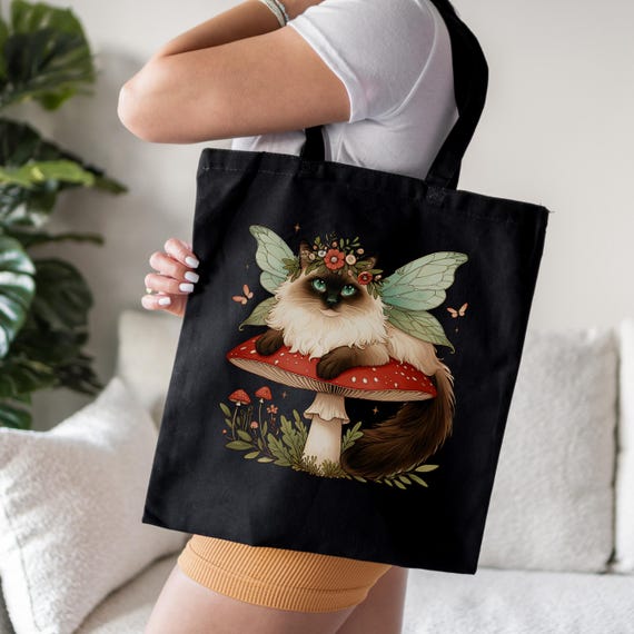 Cute Siamese Fairy Cat Tote, Cottagecore Fairycore Cotton Tote Bag, Fantasy Cat Lovers Gift for Her, Magical Cat, Mushrooms and Wildflowers