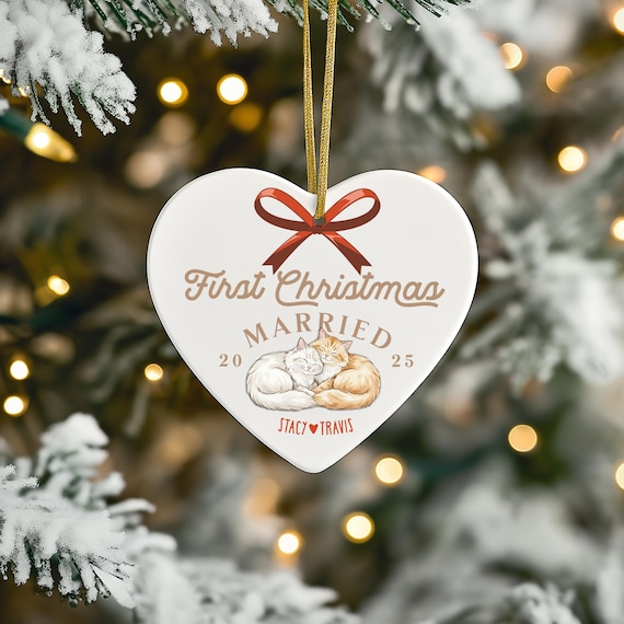 Personalized First Christmas Married Cat Lover Ceramic Ornament