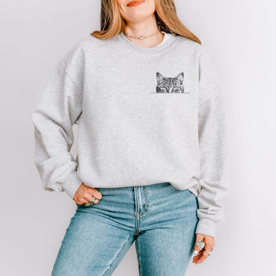 Cat Lover's Sweatshirt, Peeking Tabby Cat Design, Cozy Crewneck, Unisex Hoodie, Gift for Pet Owners, Animal Lover Apparel