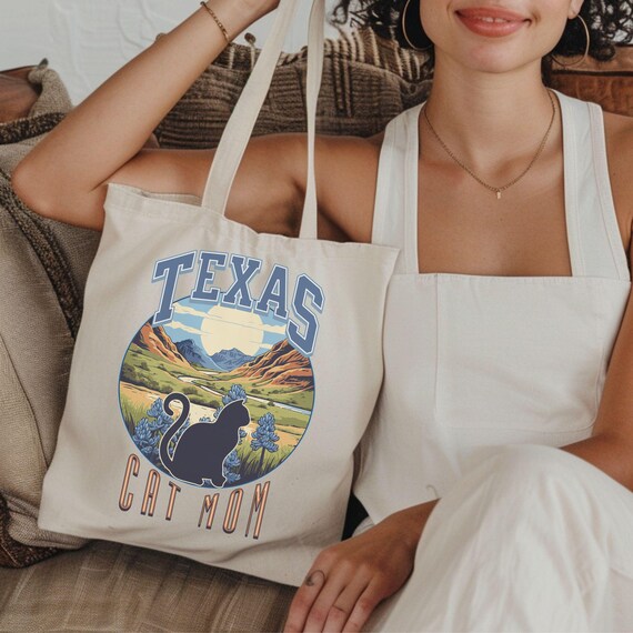Cat Mom Texas Tote Bag, Hill Country Bluebonnet Flower Canvas Cat Mom Tote, Texas Cat Lover Bag, Cat Lady Gift, Texas Souvenir Bag,