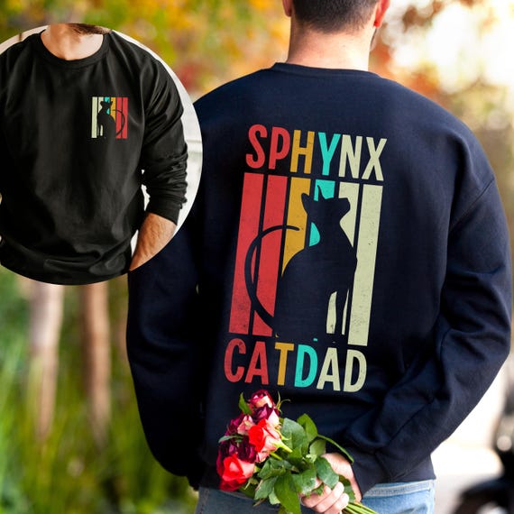 Sphynx Cat Dad Sweatshirt, Back and Pocket Design Crewneck, Distressed Retro Graphic Gift for Him, Comfy Long Sleeve Pullover Shirt