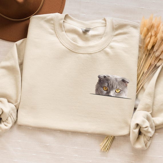 Peeking Scottish Fold Cat Sweatshirt, Pocket Design, Cat Lover Gift