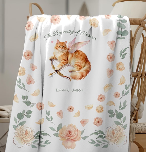 Orange Tabby Cupid Cat Sherpa Fleece Blanket, The Beginning of Forever