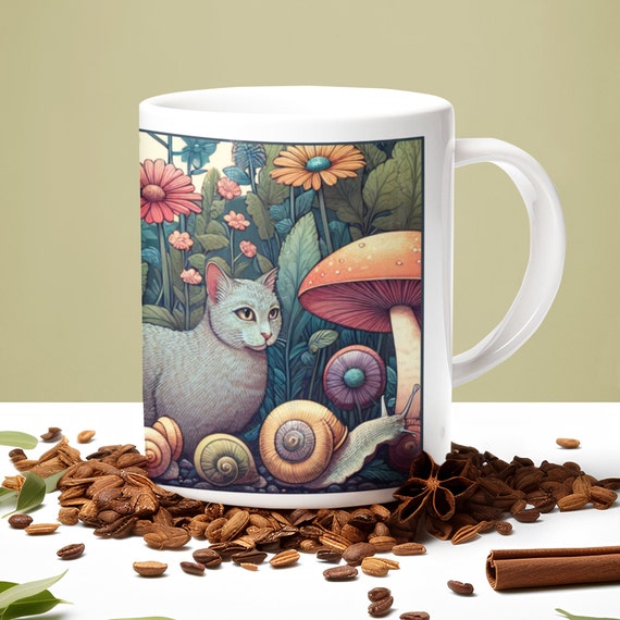 Goblin core mushroom mug for cat person - full moon, grey cat, enchanted forest, friends birthday, coworkers gift