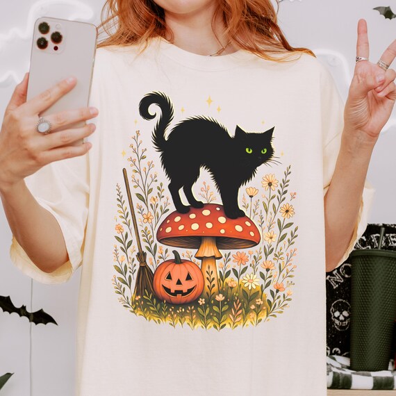 Spooky Black Cat Comfort Colors Shirt: Witchy Cottagecore Halloween Tee