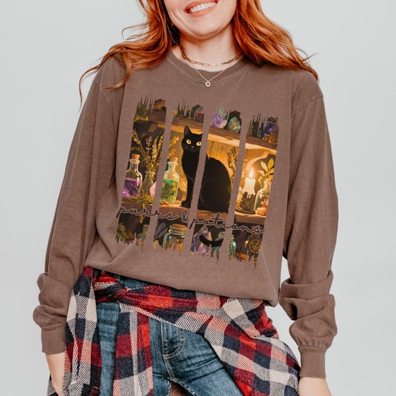 Mystical Witchy Black Cat Long Sleeve Shirt, Comfort Colors Tee, Potion Bottles Halloween Aesthetic, Cozy Witch Vibes Gift