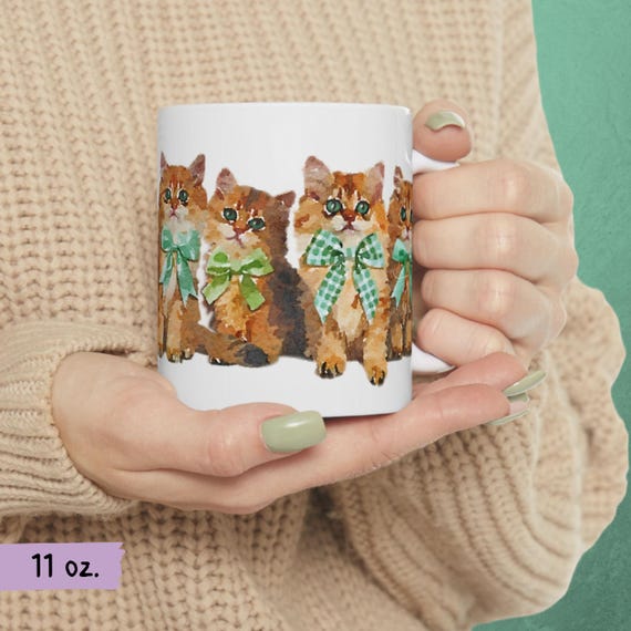 Coquette Kitten Cat Friends Mug, Orange Tabby Ceramic Cup, Cute Pet Lover Gift, Coquette Kitty Cat Decor, Gift for Cat Owner, Unique Cat Mug