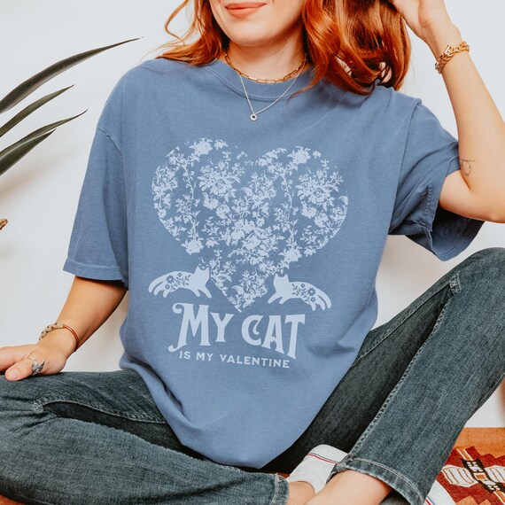 Toile Heart,  Floral Cats Comfort Colors® T-shirt, My Cat is My Valentine Shirt, Cat Lovers Gift, Valentine's Day Tee, Cute Gift for Her