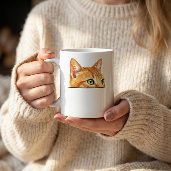 Orange Tabby Cat Mug, Peeking Ginger Cat Coffee Cup