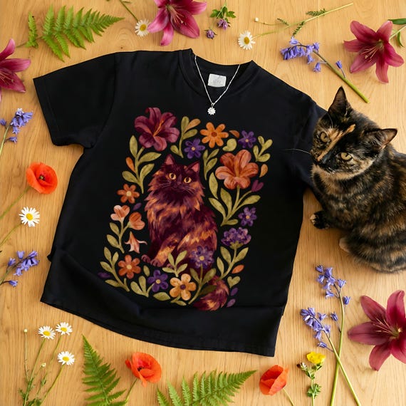 Floral Tortie Kitty Shirt, Comfort Colors Tee, Boho Tortoiseshell Cat Lover Gift