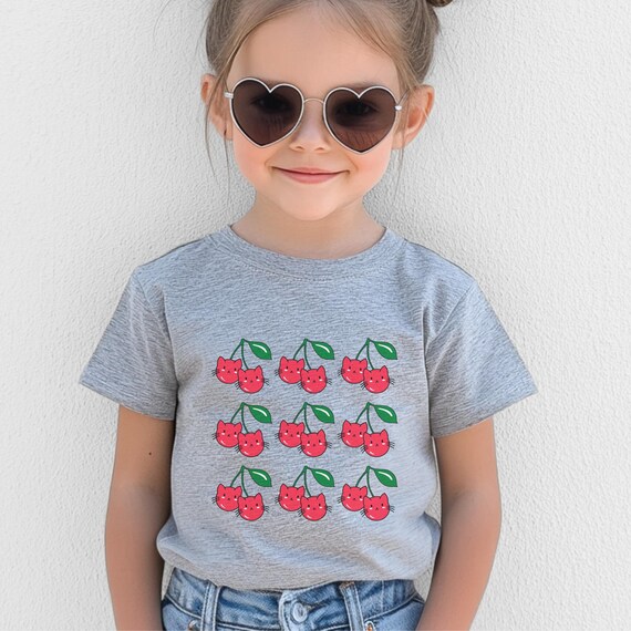 Kawaii Cherry Cats Kids Tee, Cat Lover Shirt, Cute Children's Top, Animal Graphic T-Shirt, Gift for Kids, Fun Cat Clothing