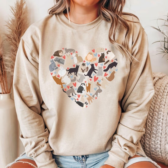 Kitty Heart Sweatshirt, Cute Cat Lover Gift, Red and Blue Hearts Design, Unisex Sweater, Cozy Pullover, Winter Fashion, Gift for Her,