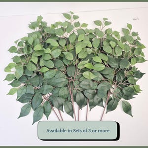 May include: Artificial green leaf stems with multiple leaves and brown stems. The leaves are various shades of green. The text "Available in Sets of 3 or more" is in a light green rectangle at the bottom. Perfect for home decor.