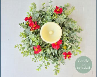 Anillo de vela de eucalipto con flores silvestres rojas, regalo para agente inmobiliario para clientes que compran una nueva casa, decoración para mesa de centro.