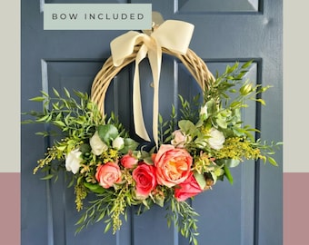 Corona de rosas rosadas con lazo para la puerta principal, adorno floral de mimbre para la pared con lazo sencillo, decoración para el hogar, regalo para mamá, regalo floral para el nuevo hogar o boda.