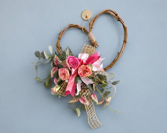 Faux heart wreath Romantic Porch and Interior Decor with pink bow Gift of Love for Spouse Garden Home Decor for Mother's Day