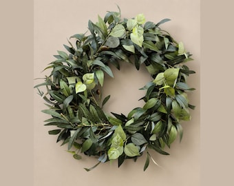 Corona de ramas de olivo para la puerta principal, decoración de pared de estilo minimalista, arte botánico rústico hecho a mano, diseño mediterráneo, para todo el año.