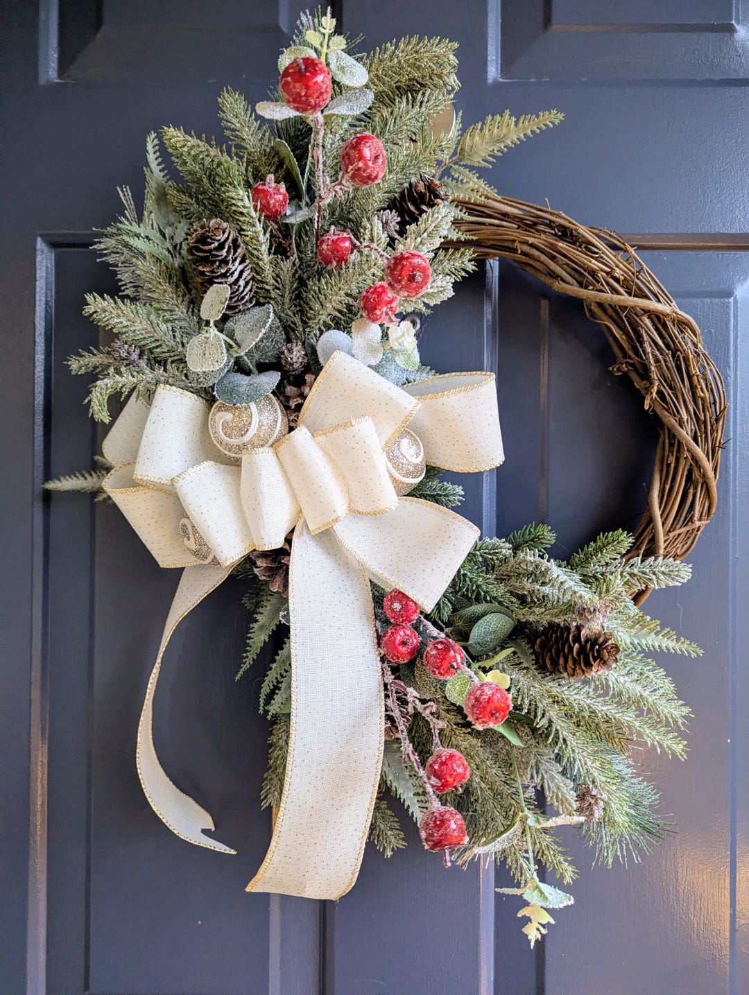 Asymmetrical Winter Wreath: Frosted Pine, Red Berries, Cream Bow - Etsy
