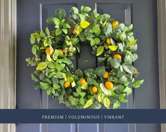 Corona de limones artificiales para decoración de porche, estilo rústico de primera calidad, para mejorar la entrada de su hogar o negocio en primavera y verano.