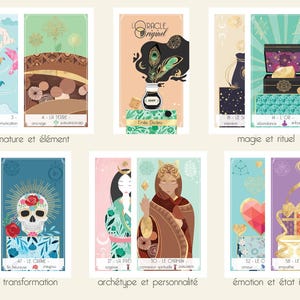 Peut inclure: Six cartes d'oracle illustrées avec des couleurs vives et du texte en français. Les cartes présentent des thèmes tels que la nature, la magie, la transformation et les émotions. Chaque carte a des images uniques, notamment des oiseaux, des crânes et des boîtes cadeaux.