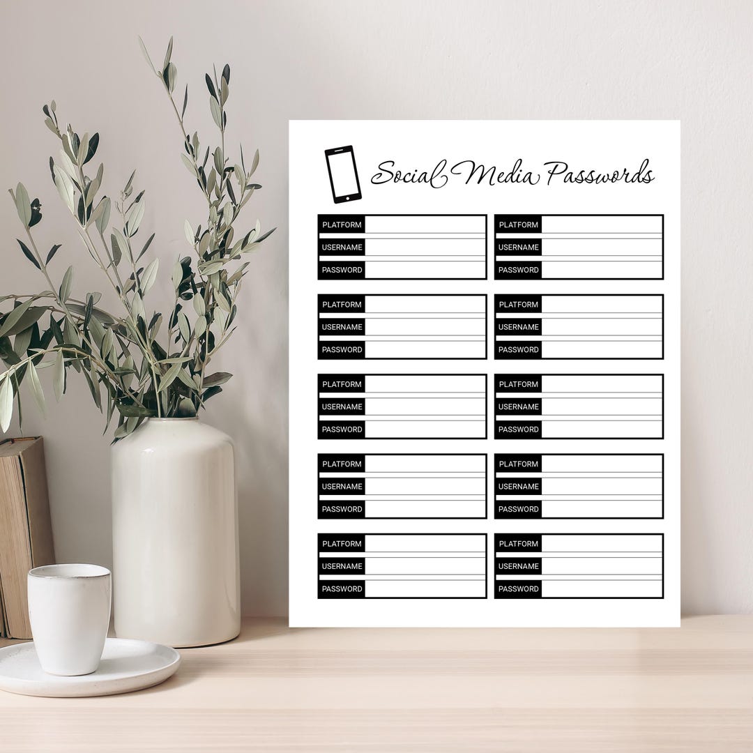 Social Media Password Tracker Printable, Password Organizer, Social ...