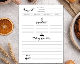 Printable Dessert Recipe Template Insert, 3 Ring Recipe Sheet Baking Accessories, Cook Book Template, Family Recipe Journal Mothers Day Gift