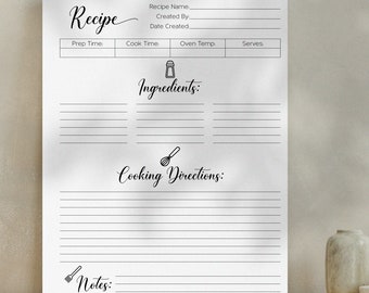 Printable Blank Recipe Book Template Insert, 3 Ring Recipe Sheet, Family Recipe Journal, Cooking Accessories, Mothers Day Gift Daughter Law