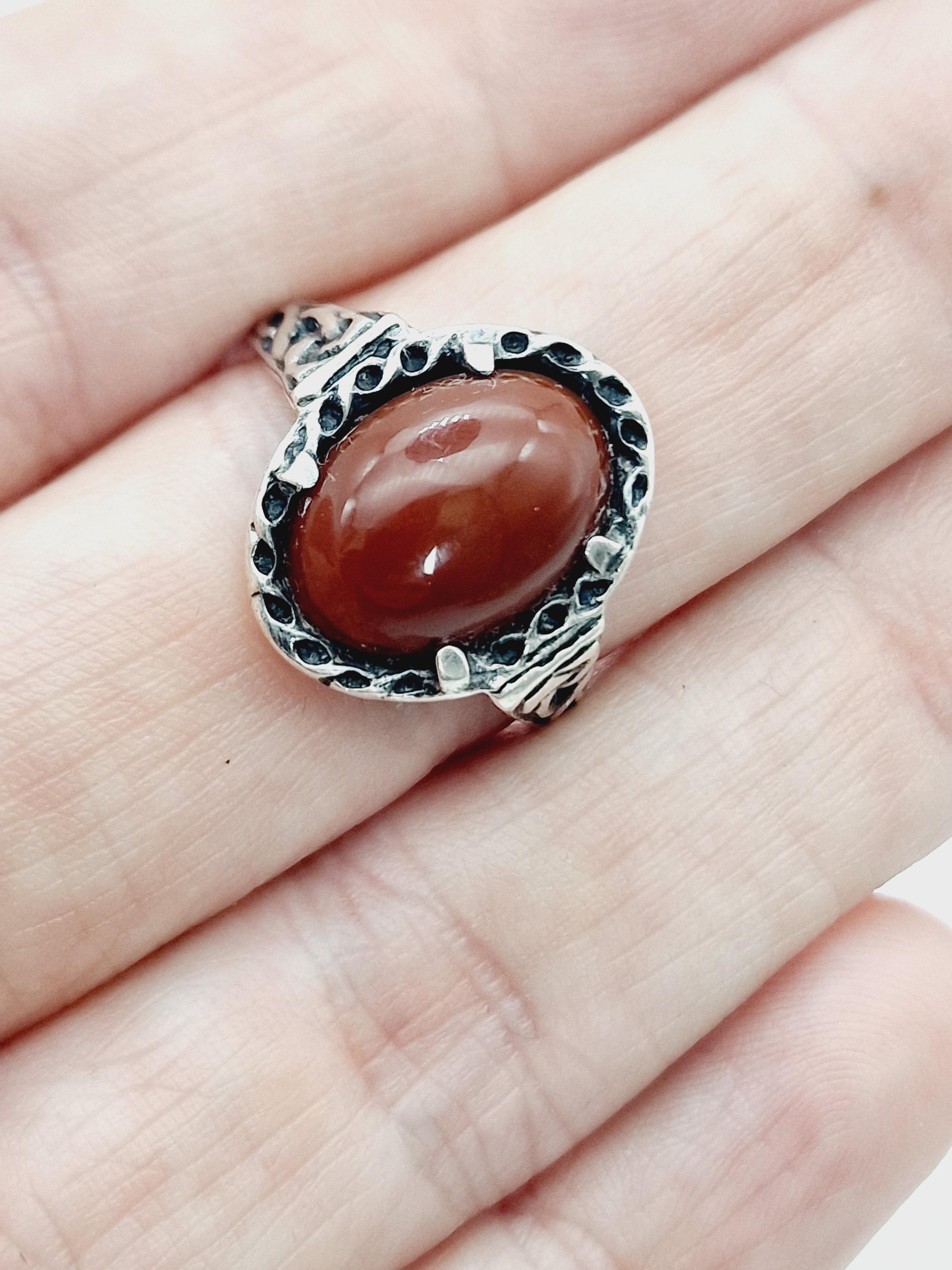 Bague Ancienne En Argent 925 Et Cornaline - Taille 56, Bijou Vintage