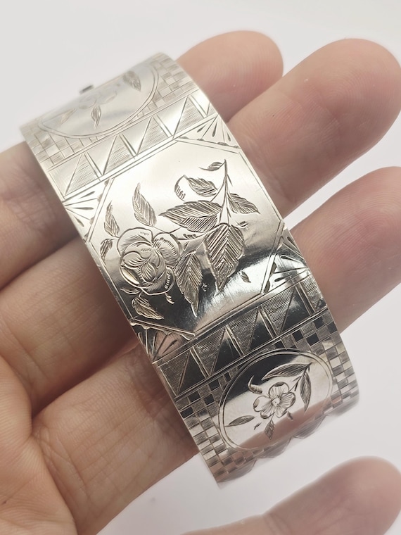 Antique Victorian Solid Silver Hinged Bracelet Ba… - image 6