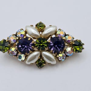 Vintage Green Purple Rhinestone Faux Pearl Brooch