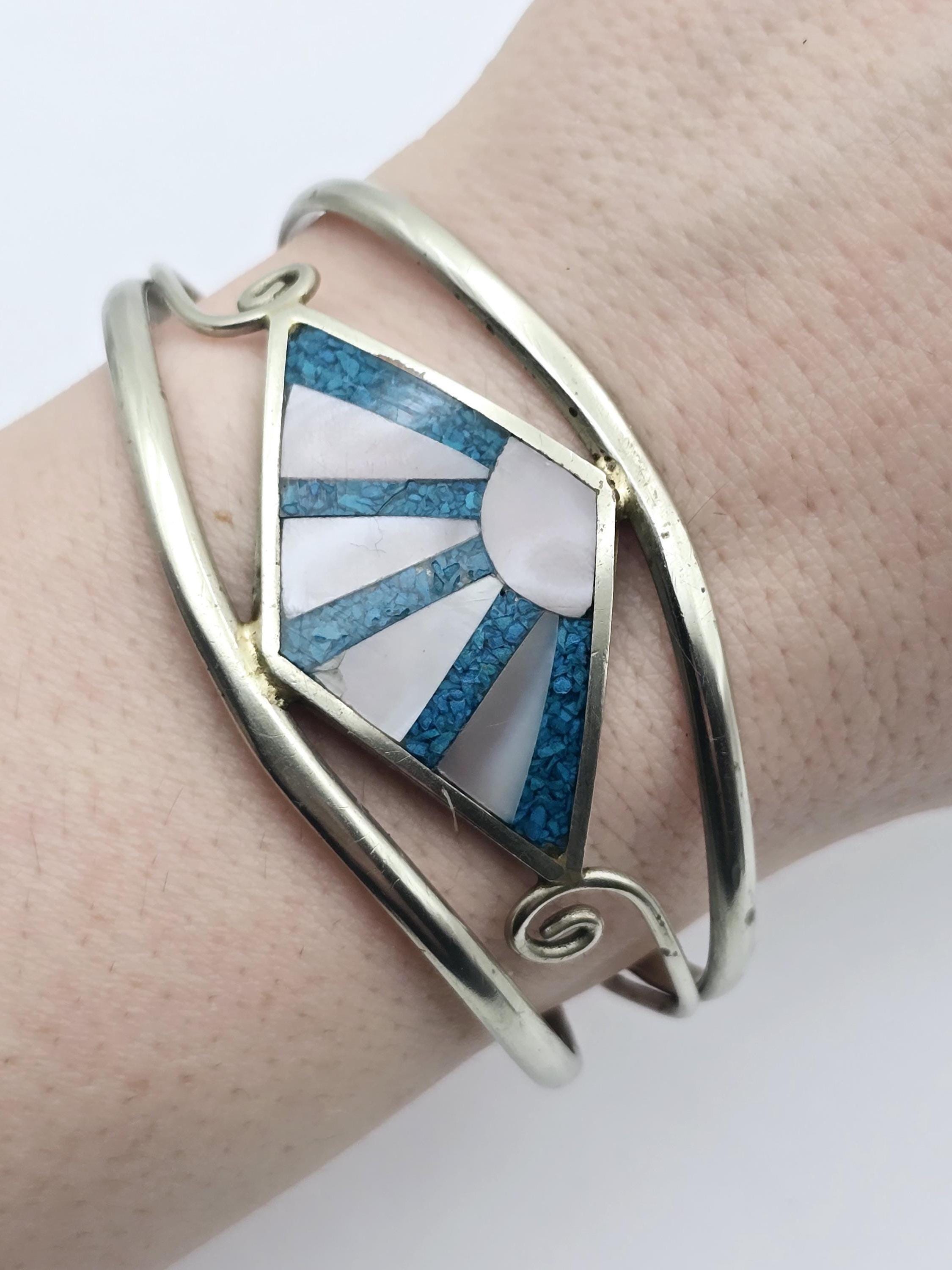 Vintage Mexico Alpaca Silver Shell and Turquoise Cuff Bangle - Etsy